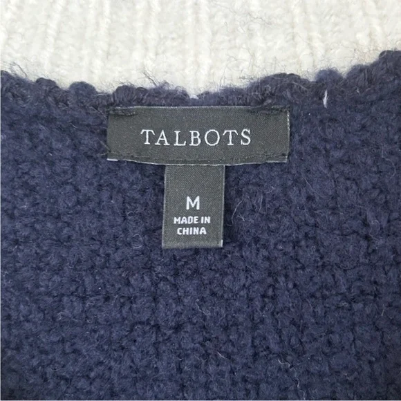 TALBOTS Boucle dipped sweater cardigan button down navy blue, white - Picture 4 of 11
